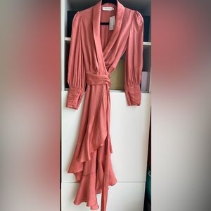Zimmermann wrap around midi dress in lipstick silk